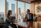 Kieran coaching in business casual attire in penthouse boardroom