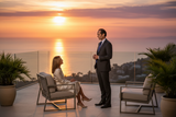 Kieran coaching in elegant business attire on luxury retreat terrace